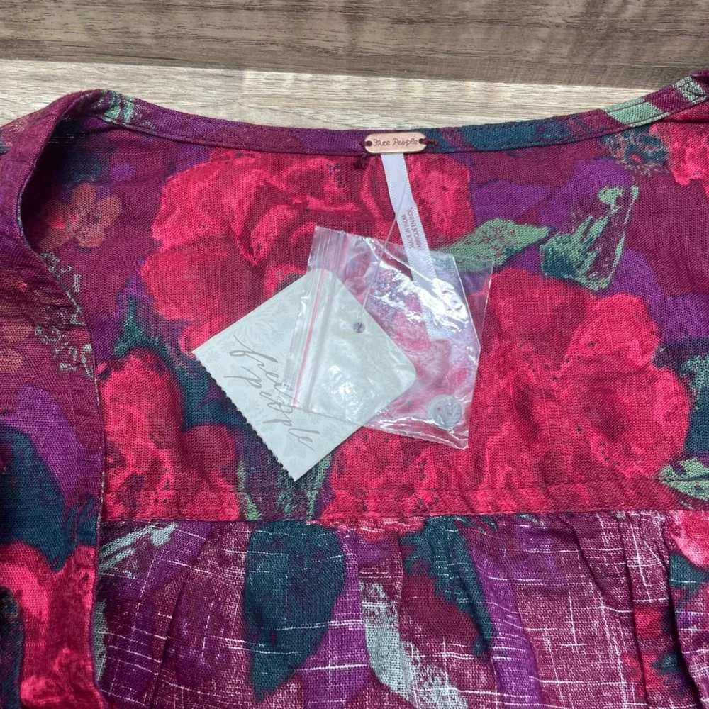 Free People I Found You Top Blouse Button Flounce Cuff Smocked Trim Curved Hem M